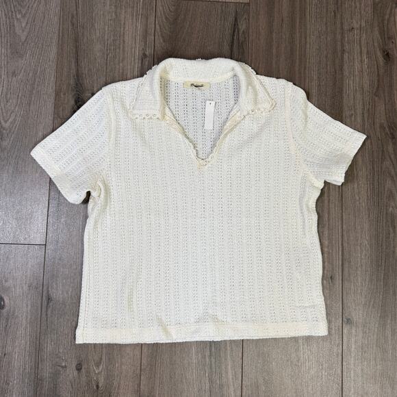 Madewell Crochet-Knit V-Neck Sweater Tee SZ S Vintage Ivory Short Sleeve Stretch - Picture 3 of 8
